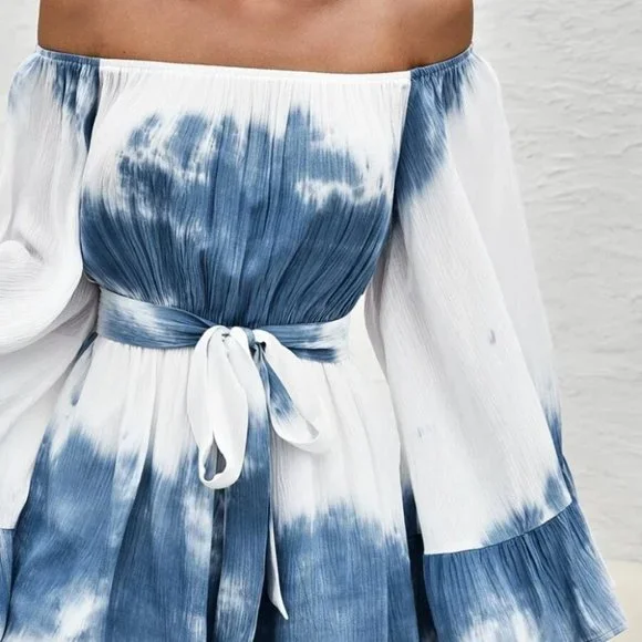 Tie Dye Off shoulder statement sleeves belted romper blue - Picture 5 of 5